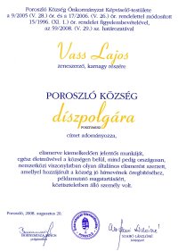 Vass Lajos Poroszló község díszpolgára oklevél