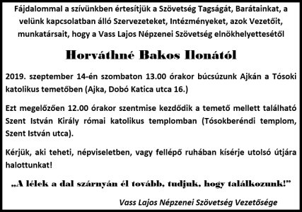 Horváthné Bakos Ilona - gyászjelentés